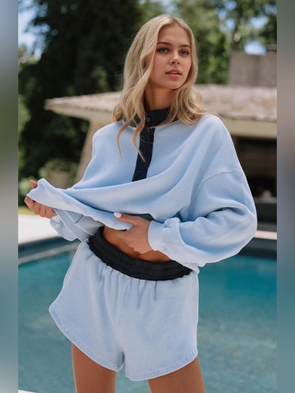 Women’s Lounge Pajama Set with - Light blue with dark blue contrast - Picture 3 of 5